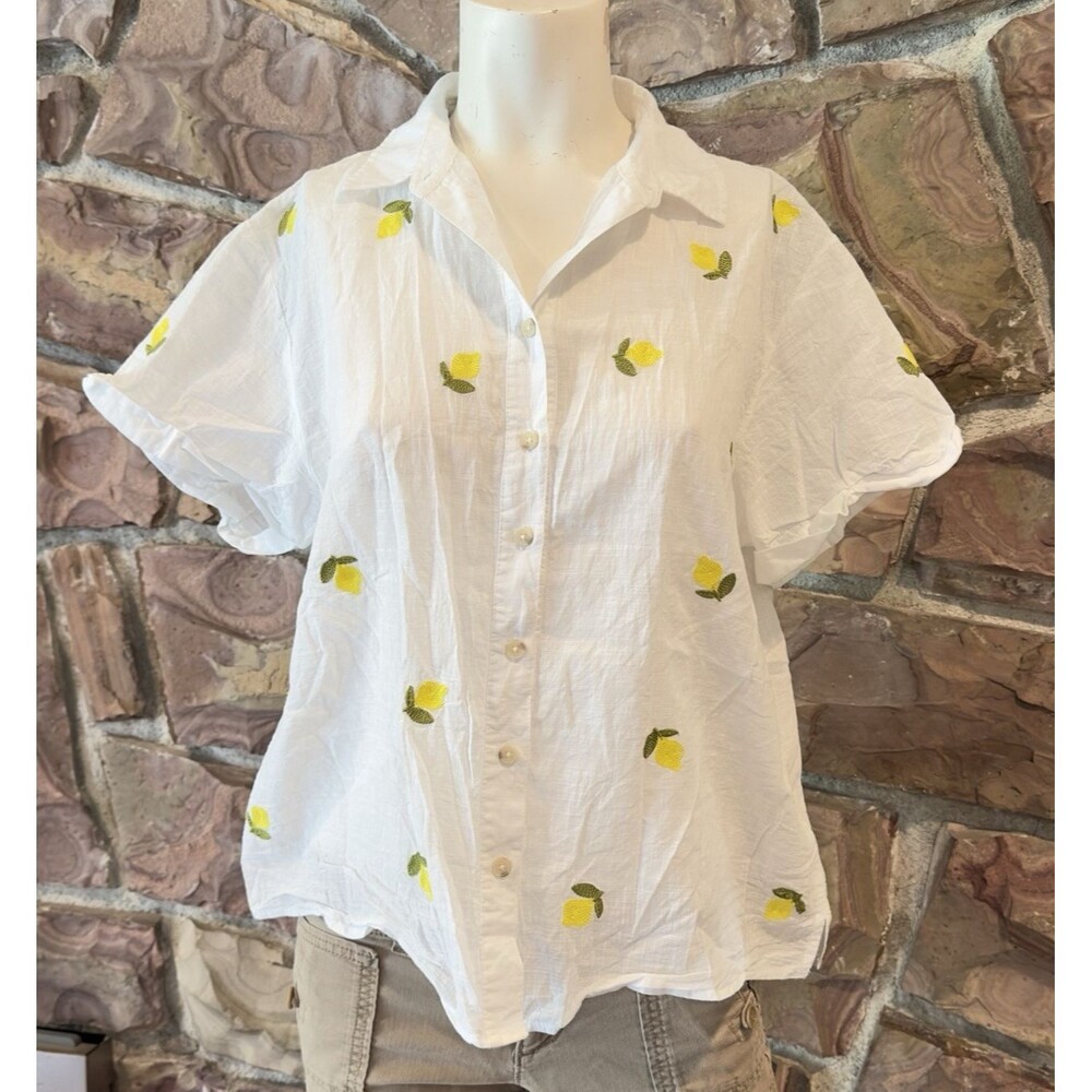 Anthropologie MAEVE EMBROIDERED Fruit Surf Shirt TOP BLOUSE LEMONS WHITE S- EUC - Picture 7 of 12
